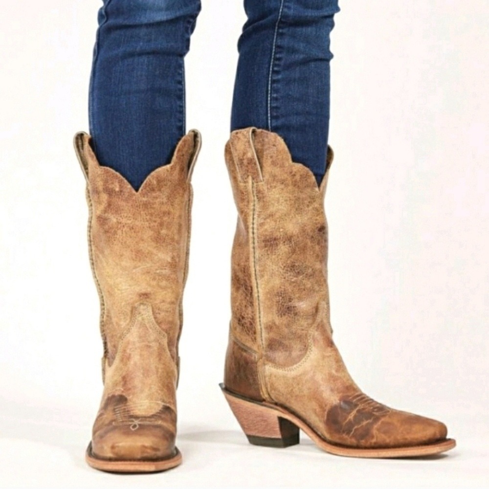 Justin Bent Rail Wildwood Cowboy Boots Brown Distressed Leather Square Toe 6.5 B